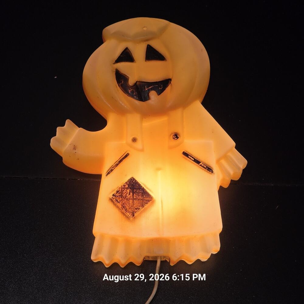 Vintage Halloween Blow Mold Lighted Pumpkin Head Scarecrow Double Window Light